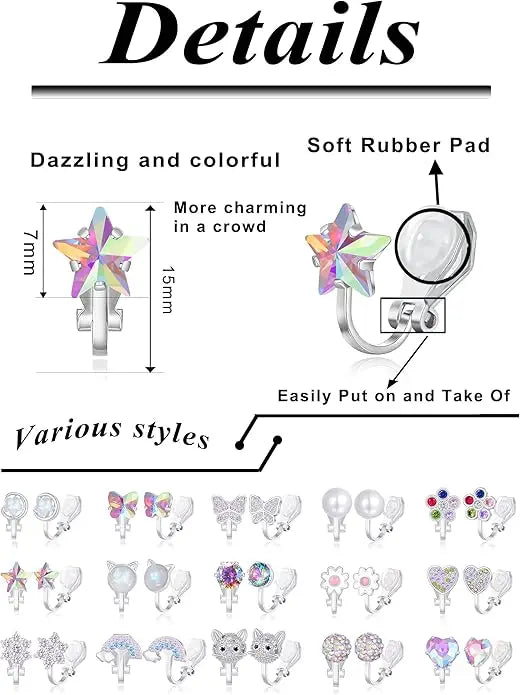Set de 15 Pendientes Clip con Zirconia y Diseños Variados orejas sin perforar