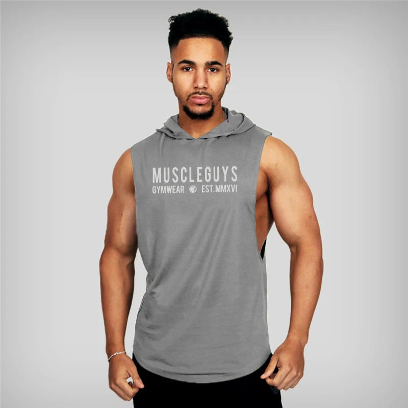 Camiseta Sin Mangas con Capucha Hombre – Tank Top Fitness Algodón Bodybuilding