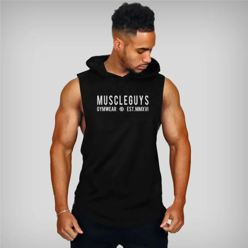 Camiseta Sin Mangas con Capucha Hombre – Tank Top Fitness Algodón Bodybuilding