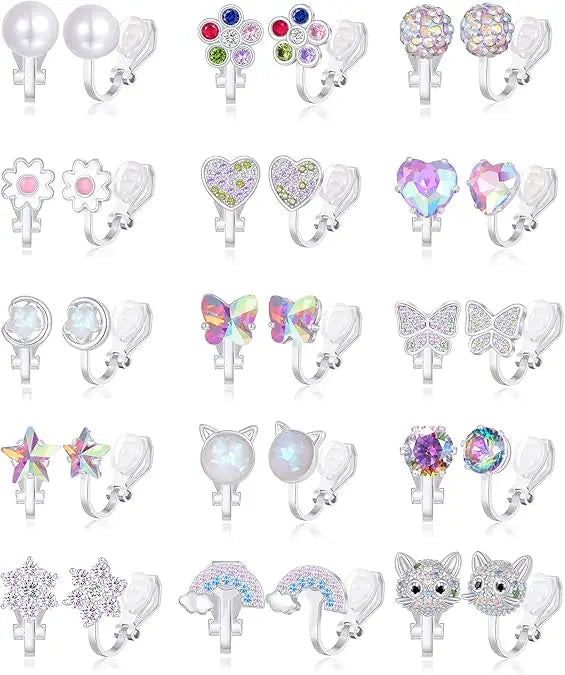 Set de 15 Pendientes Clip con Zirconia y Diseños Variados orejas sin perforar