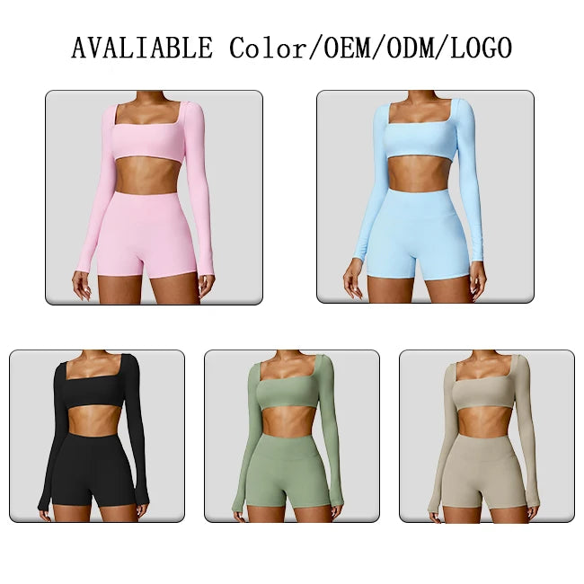 conjunto deportivo de dos piezas para mujer con top de manga larga y cuello cuadrado, y pantalones ajustados, para otoño e invierno, apto para fitness, yoga ,running y  ejercicio.