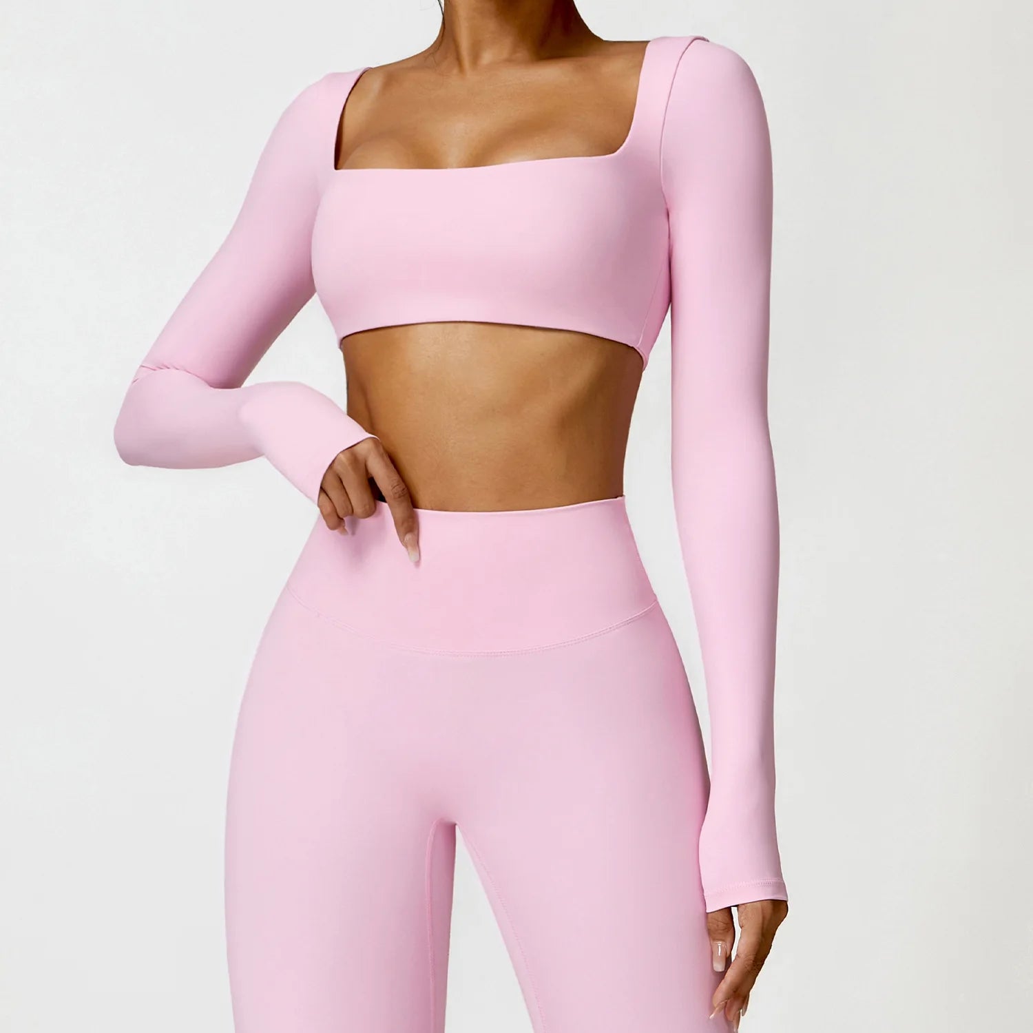 conjunto deportivo de dos piezas para mujer con top de manga larga y cuello cuadrado, y pantalones ajustados, para otoño e invierno, apto para fitness, yoga ,running y  ejercicio.