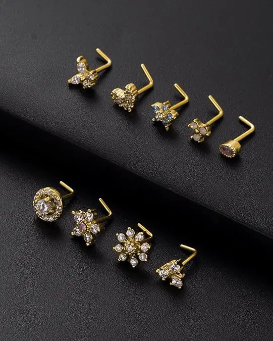 💕 Set de 9 Piercings para Nariz Dorados – Brilla a Tu Manera ✨