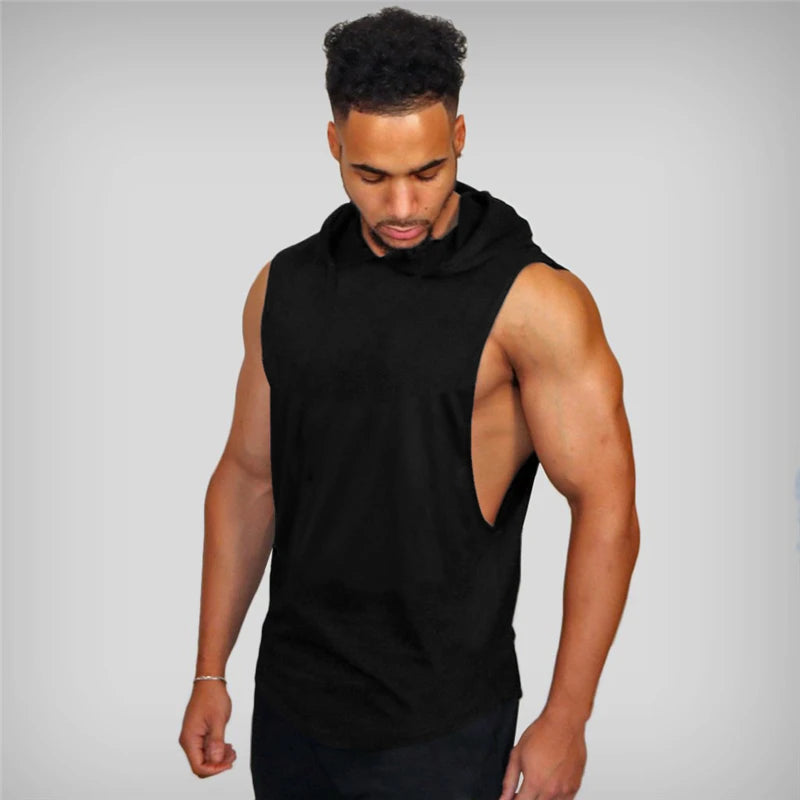 Camiseta Sin Mangas con Capucha Hombre – Tank Top Fitness Algodón Bodybuilding
