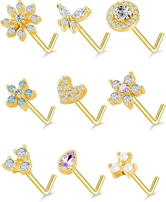💕 Set de 9 Piercings para Nariz Dorados – Brilla a Tu Manera ✨