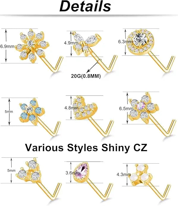 💕 Set de 9 Piercings para Nariz Dorados – Brilla a Tu Manera ✨