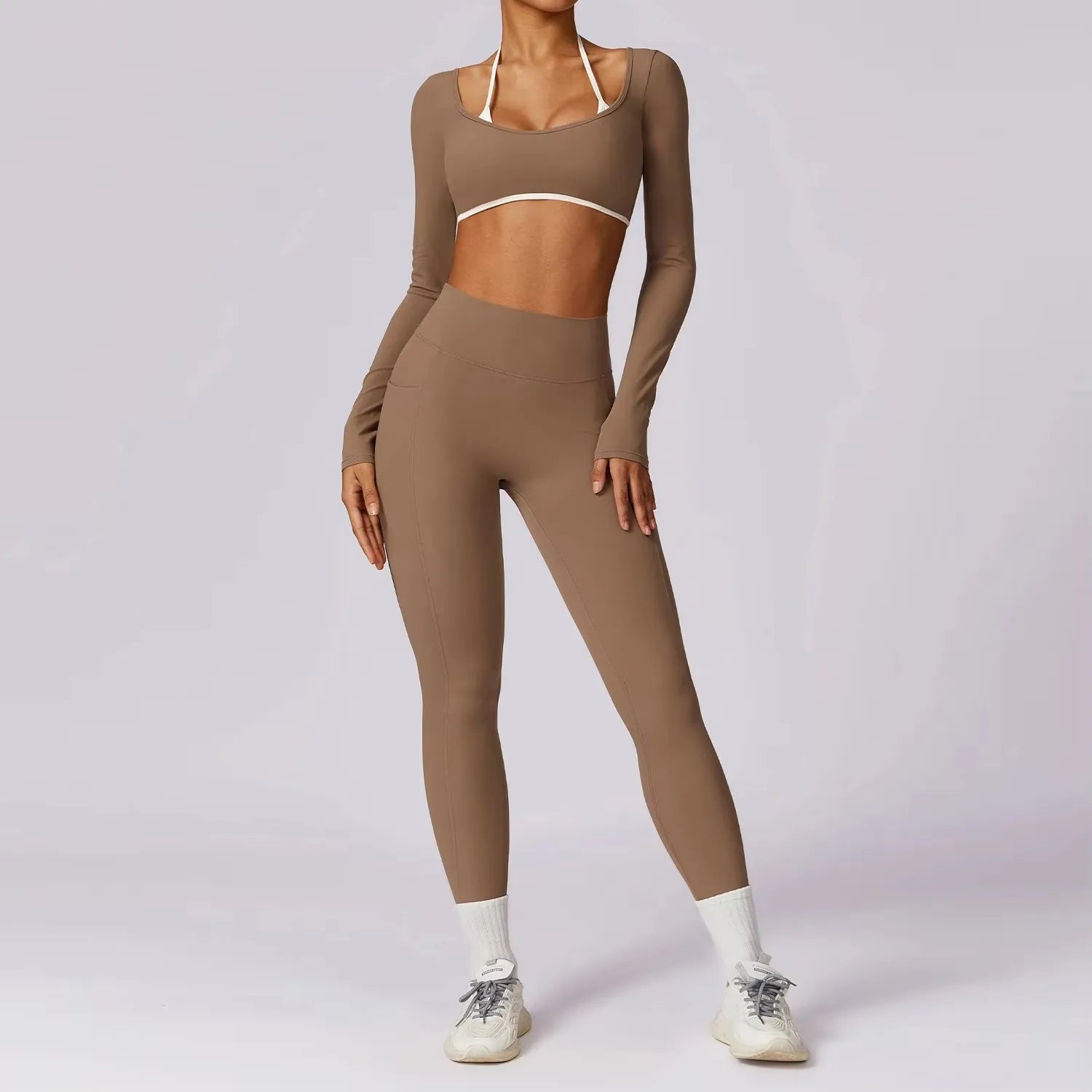 Conjunto Deportivo Mujer 2 Piezas Push Up – Leggings Cintura Alta + Crop Top Manga Larga