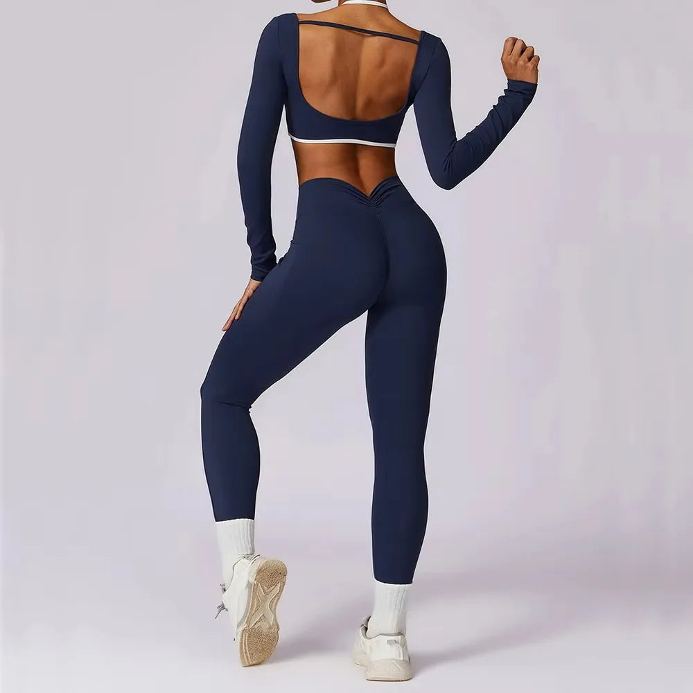 Conjunto Deportivo Mujer 2 Piezas Push Up – Leggings Cintura Alta + Crop Top Manga Larga