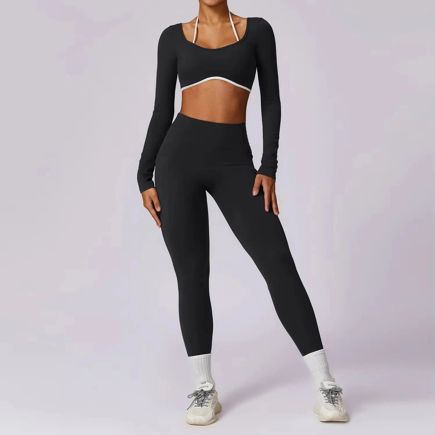 Conjunto Deportivo Mujer 2 Piezas Push Up – Leggings Cintura Alta + Crop Top Manga Larga