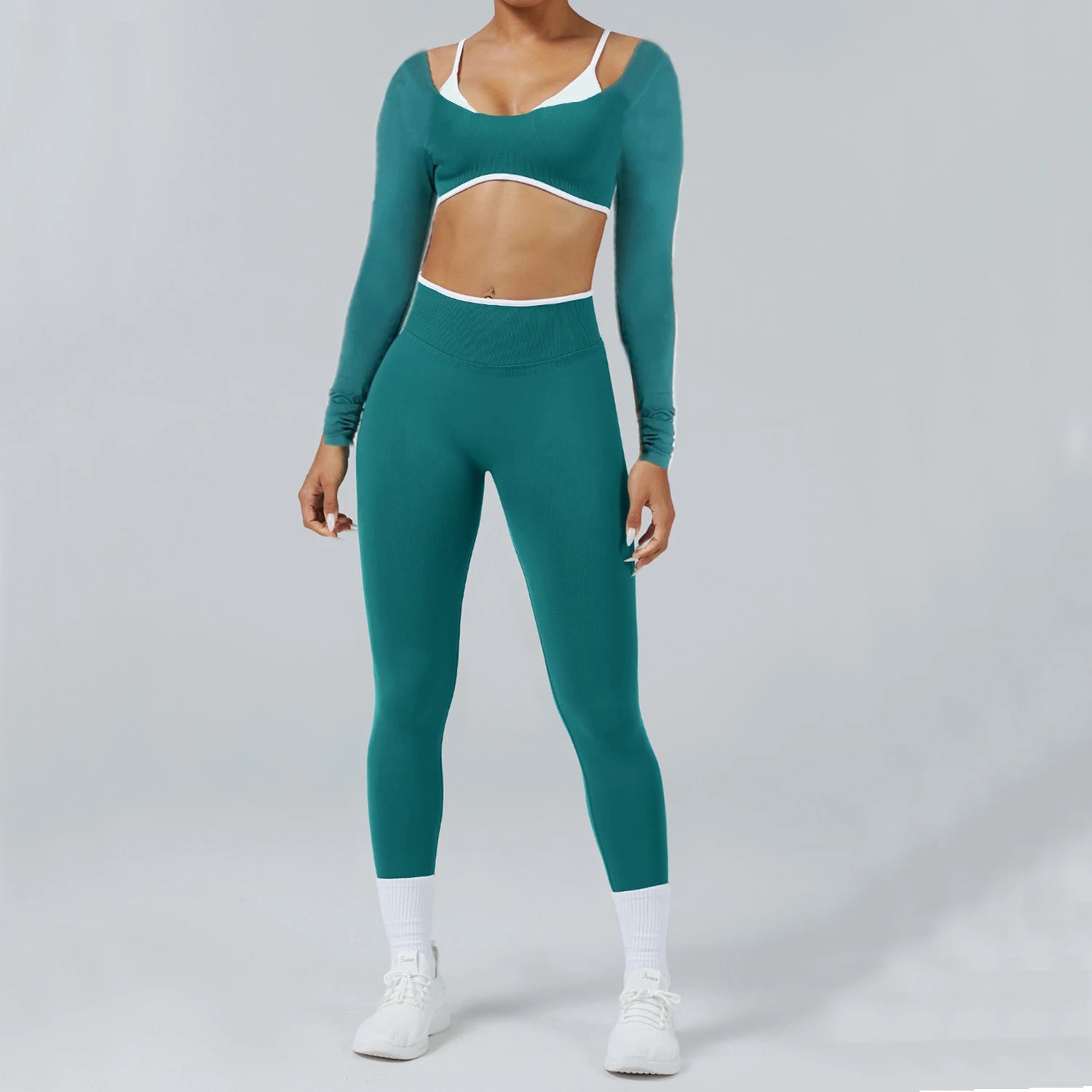 Conjunto Deportivo Mujer 2 Piezas Push Up – Leggings Cintura Alta + Crop Top Manga Larga (XP219)  ✨